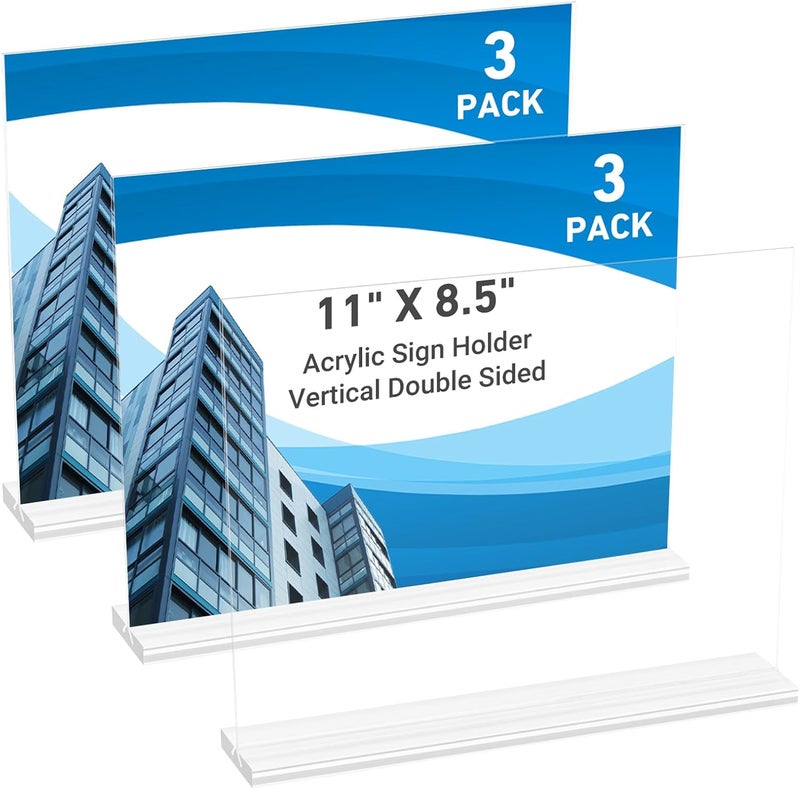 DECOHOBO 3 Pack Acrylic Sign Holder 11 x 8.5 Horizontal, Double-Sided Clear Sign Holder Plastic Stands for Display, T Shape Acrylic Table Sign Stands for Office Store Restaurants Wedding Party Decoration - Image 1